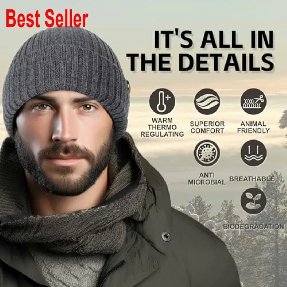 Merino Wool Rib Knit Beanie Unisex Classic Warm Lightweight Winter Hat